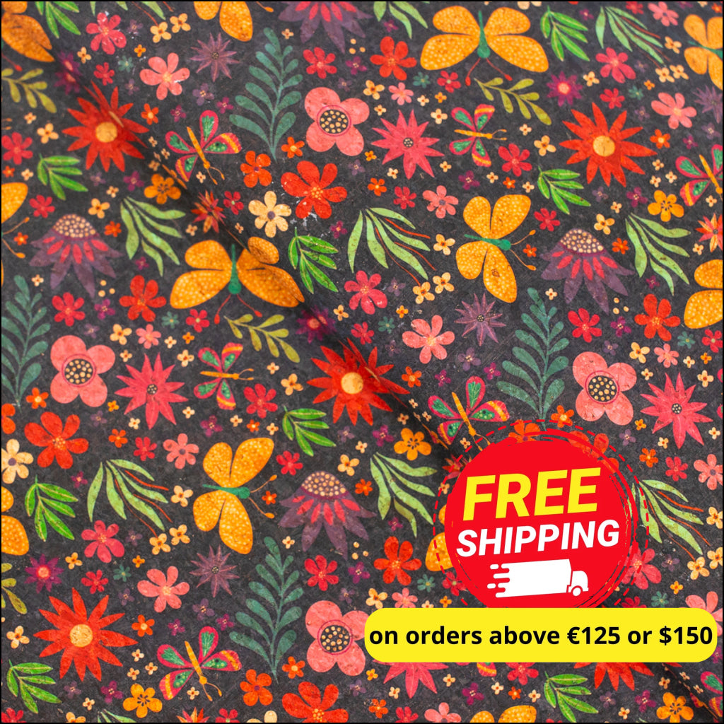 Natural Cork Fabric With Black Base Pattern Featuring Butter Cof-480 Cork Fabric