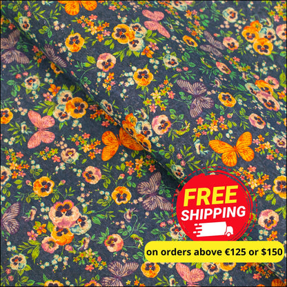 Natural Cork Fabric With Black Butterfly And Floral Patterns Cof-476 Cork Fabric
