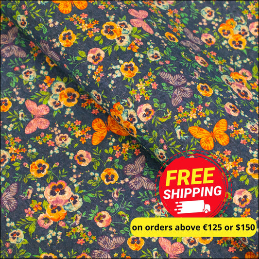 Natural Cork Fabric With Black Butterfly And Floral Patterns Cof-476 Cork Fabric