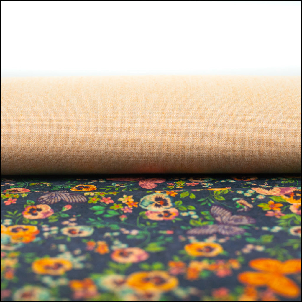 Natural Cork Fabric With Black Butterfly And Floral Patterns Cof-476 Cork Fabric