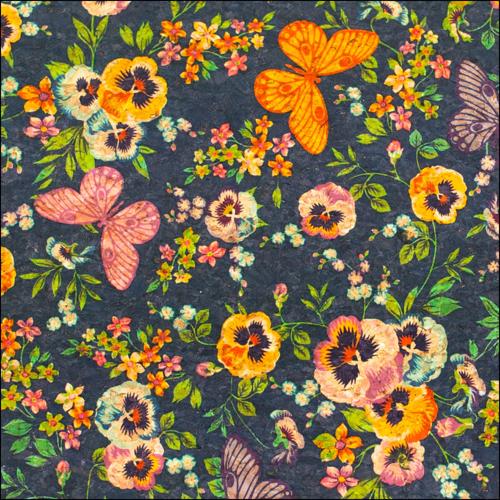 Natural Cork Fabric With Black Butterfly And Floral Patterns Cof-476 Cork Fabric