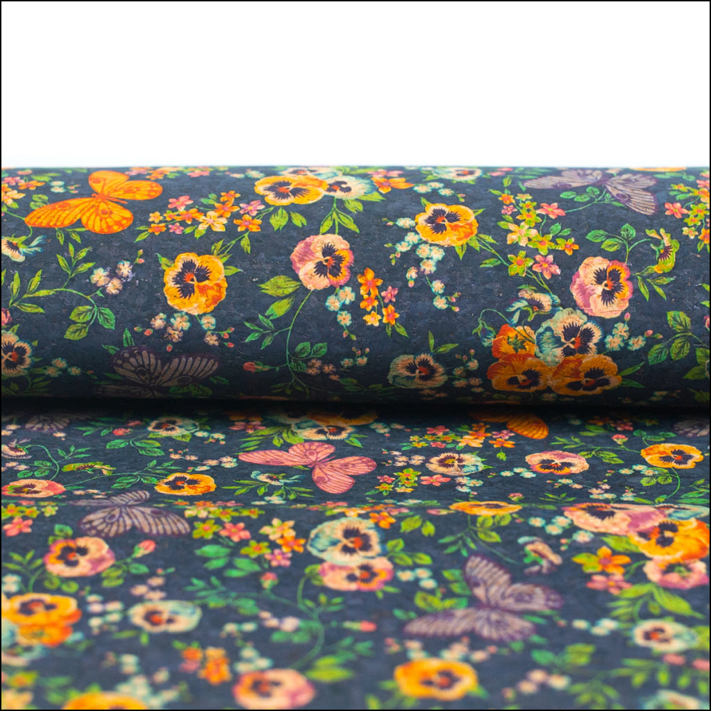 Natural Cork Fabric With Black Butterfly And Floral Patterns Cof-476 Cork Fabric