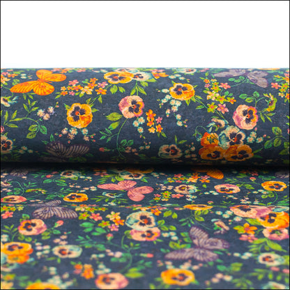 Natural Cork Fabric With Black Butterfly And Floral Patterns Cof-476 Cork Fabric