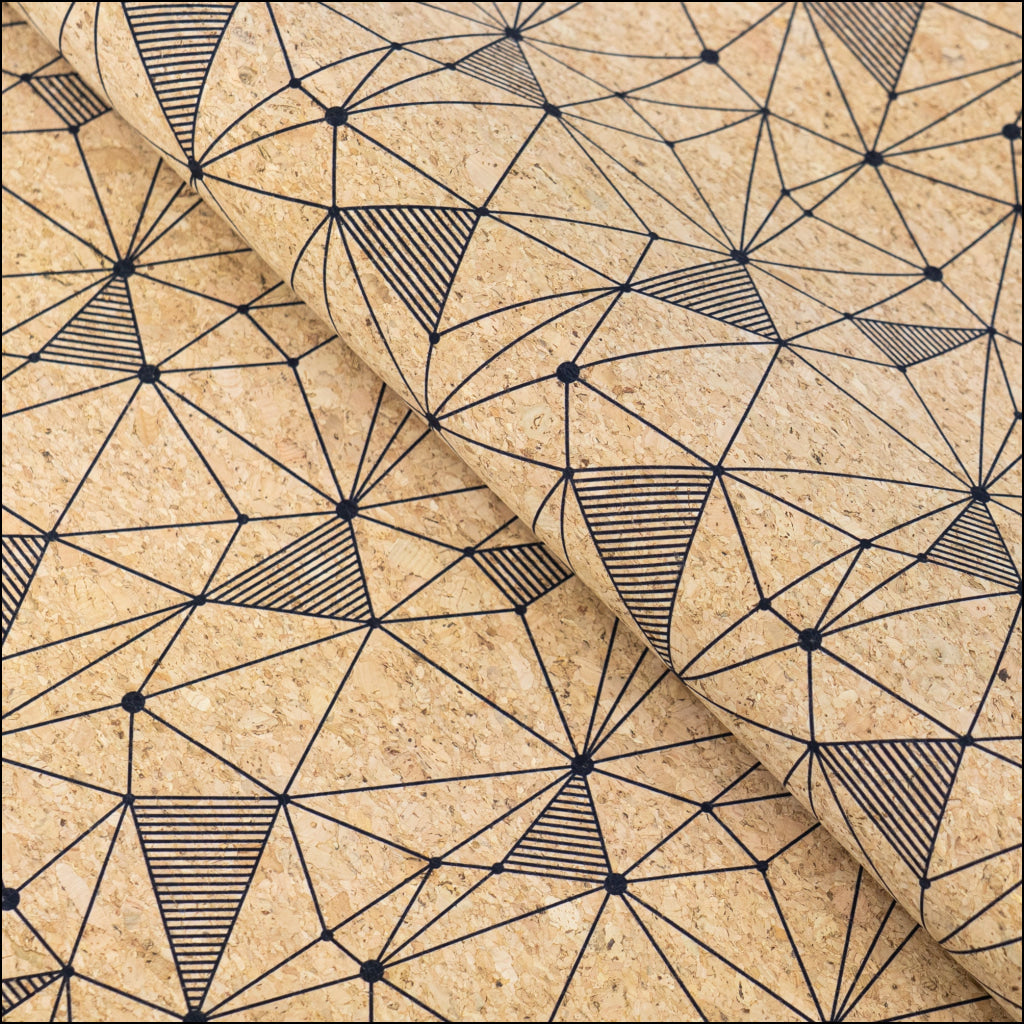 Natural Cork Fabric with Black Geometric Pattern COF-665 cork fabric