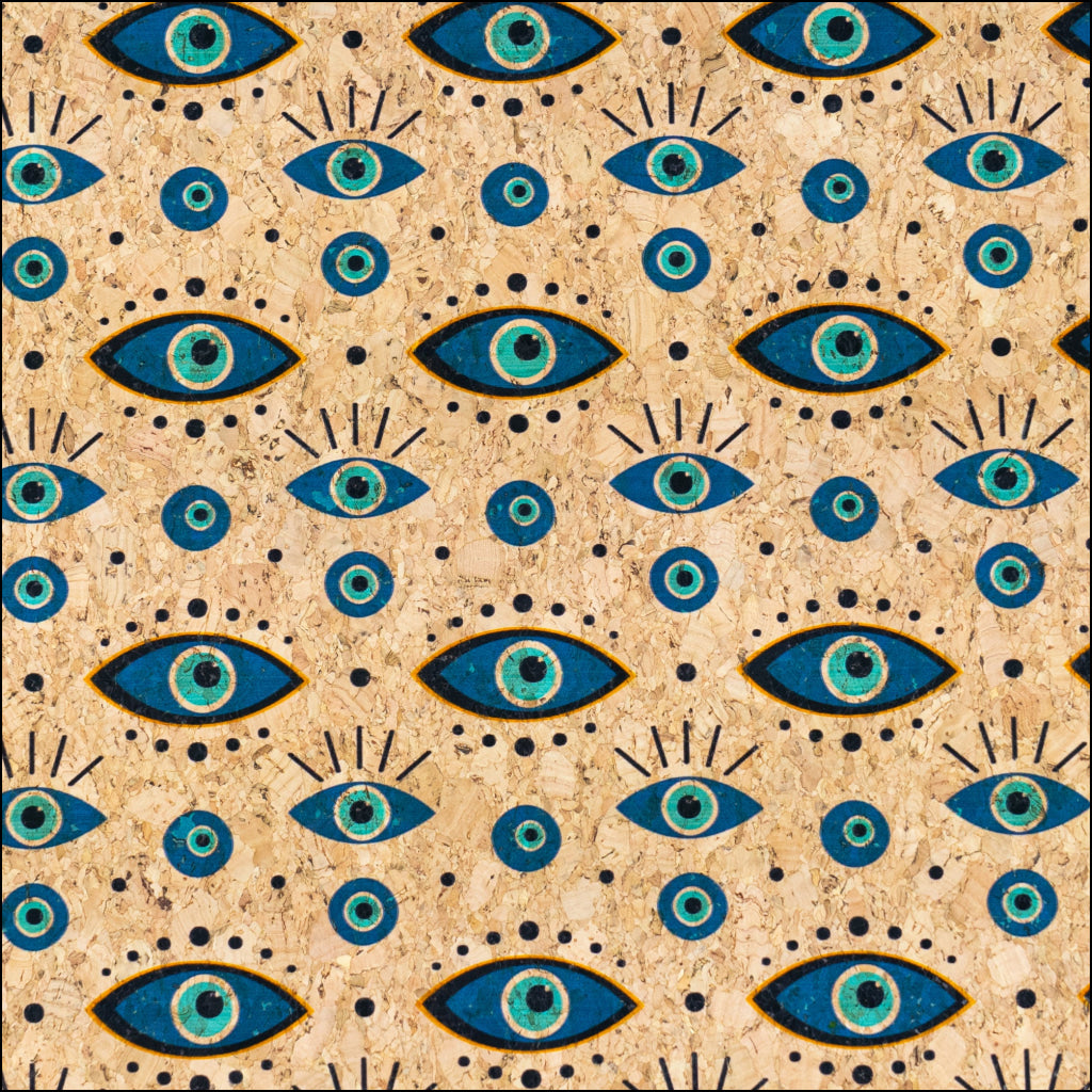 Natural Cork Fabric with Blue Eye Print COF-668 cork fabric