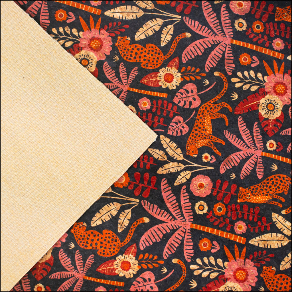 Natural Cork Fabric With Cheetah In Forest Pattern Cof-475 Cork Fabric