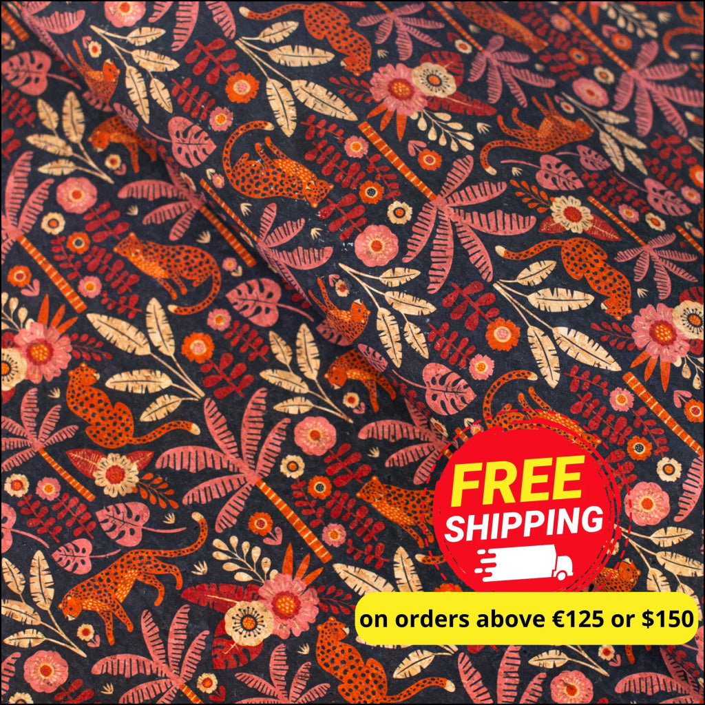Natural Cork Fabric With Cheetah In Forest Pattern Cof-475 Cork Fabric