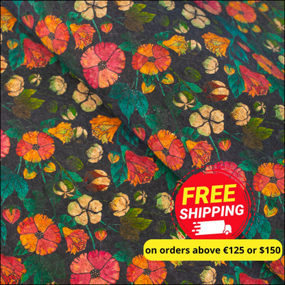 Natural Cork Fabric With Flower Print On Black Background Cof-474 Cork Fabric
