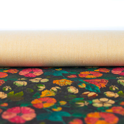 Natural Cork Fabric With Flower Print On Black Background Cof-474 Cork Fabric
