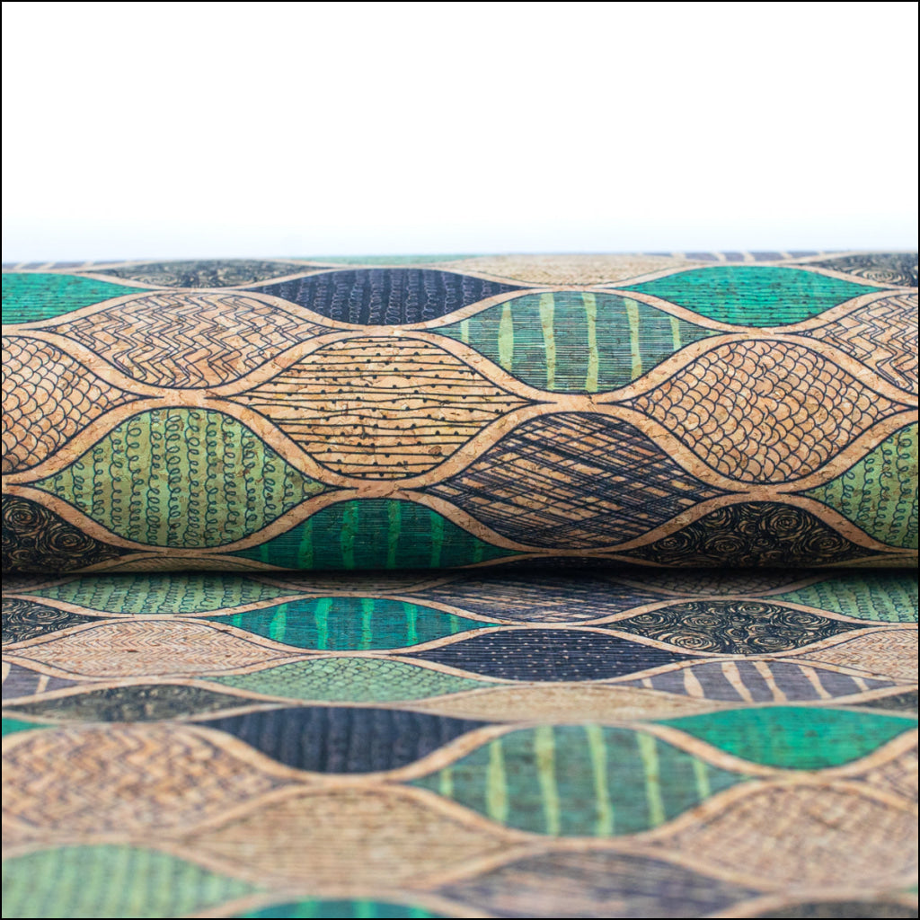 Natural Cork Fabric With Green Wave Pattern Cof-427-B Cork Fabric
