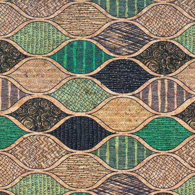 Natural Cork Fabric With Green Wave Pattern Cof-427-B Cork Fabric