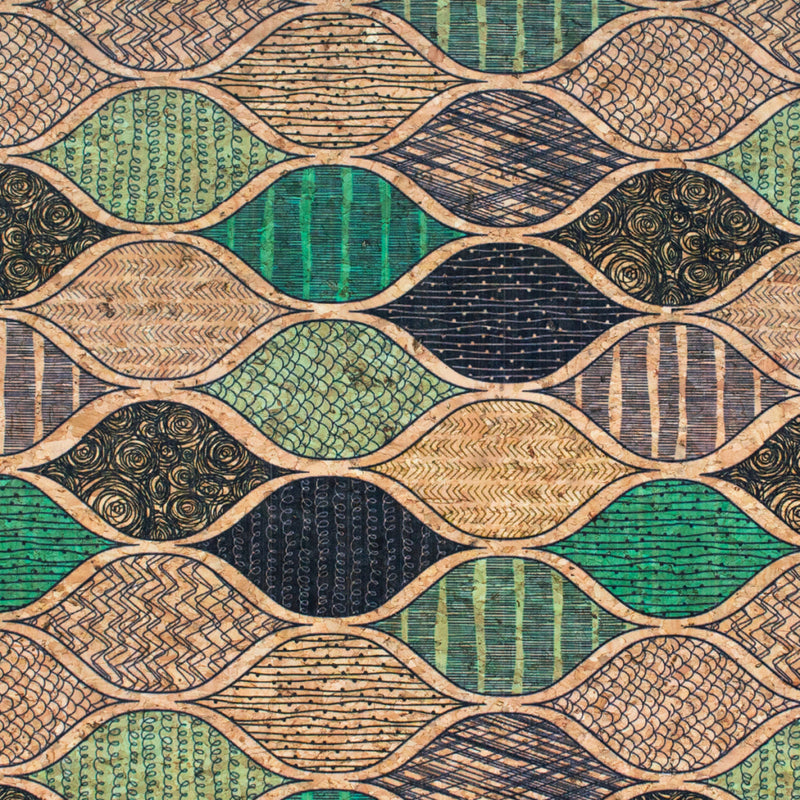 Natural Cork Fabric With Green Wave Pattern Cof-427-B Cork Fabric