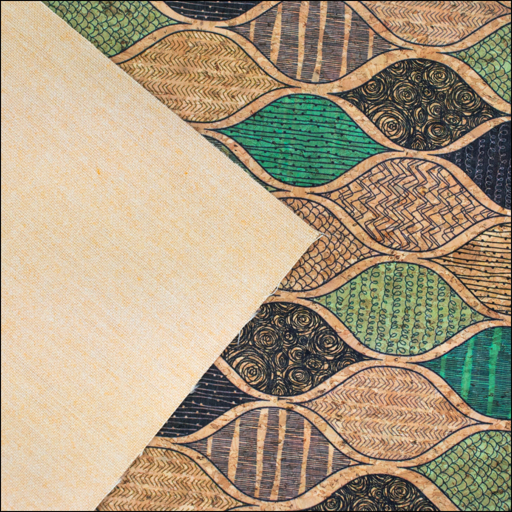 Natural Cork Fabric With Green Wave Pattern Cof-427-B Cork Fabric