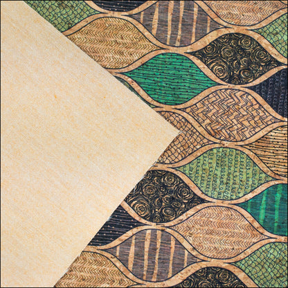 Natural Cork Fabric With Green Wave Pattern Cof-427-B Cork Fabric