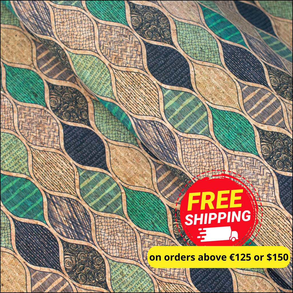 Natural Cork Fabric With Green Wave Pattern Cof-427-B Cork Fabric