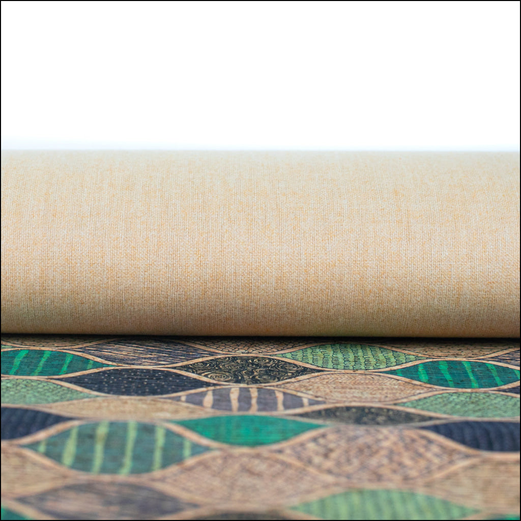 Natural Cork Fabric With Green Wave Pattern Cof-427-B Cork Fabric