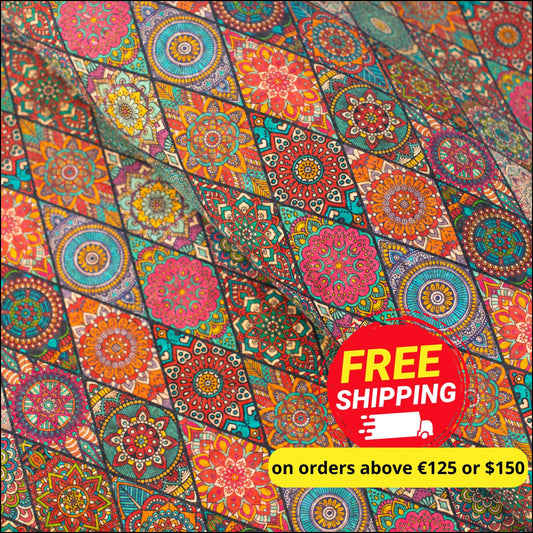 Natural Cork Fabric With War Tone Mosaics Pattern Cof-489 Cork Fabric