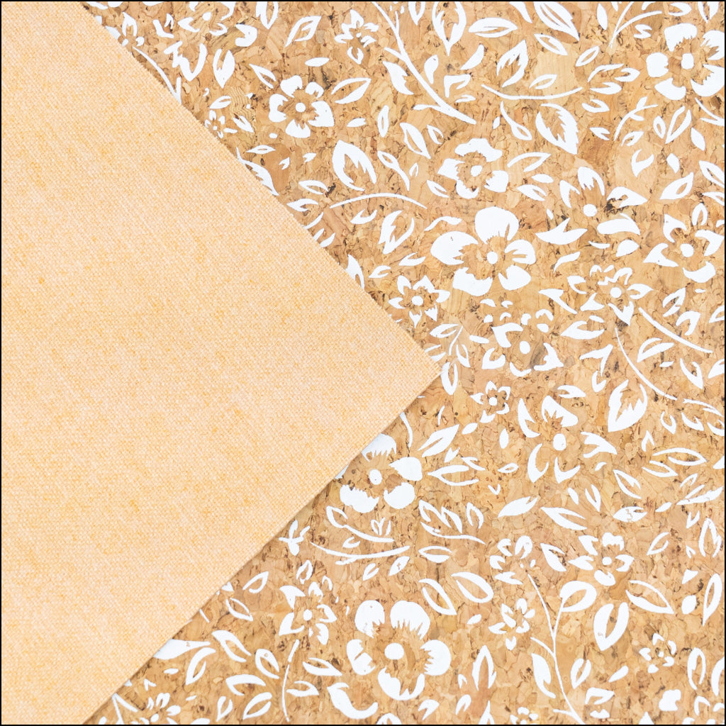 Natural Cork Fabric with White Floral Print COF-630 cork fabric