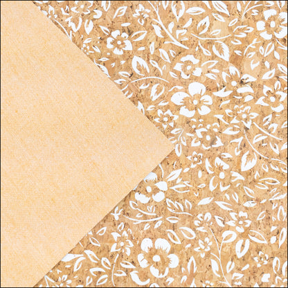 Natural Cork Fabric with White Floral Print COF-630 cork fabric
