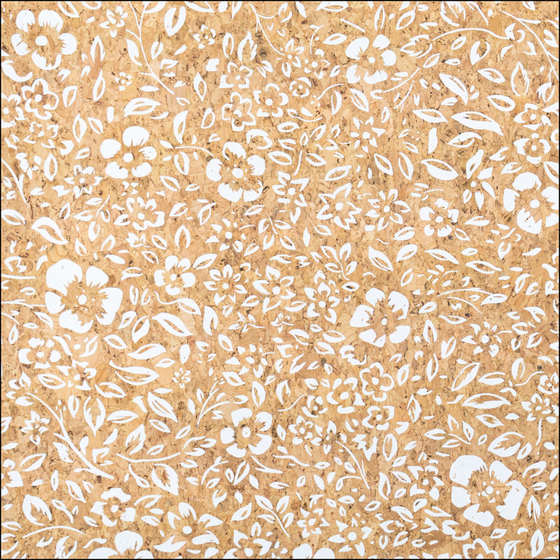Natural Cork Fabric with White Floral Print COF-630 cork fabric
