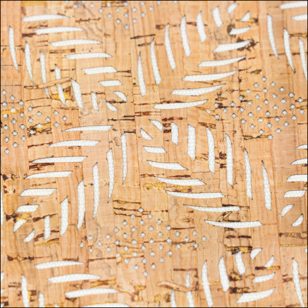 Natural Cork Fabric with White Geometric Cut-Out Pattern COF-663 cork fabric