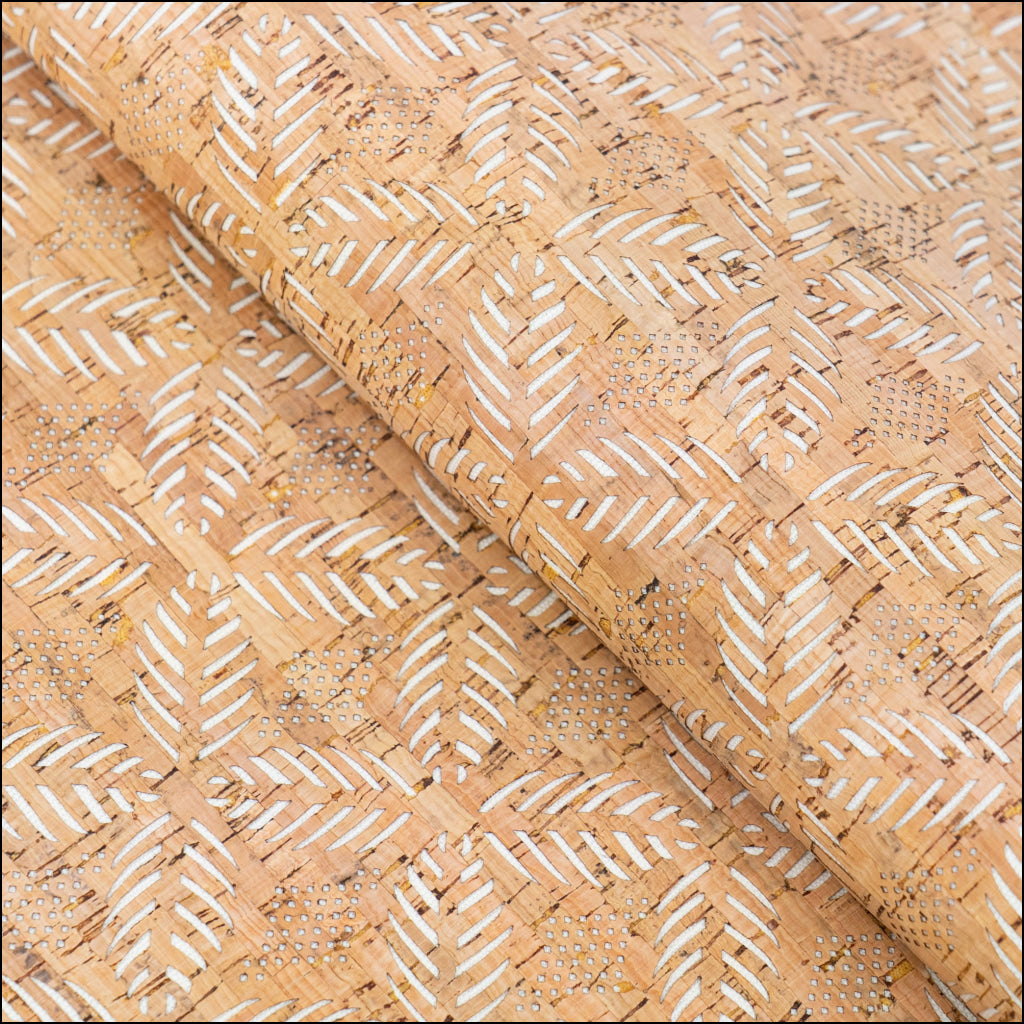 Natural Cork Fabric with White Geometric Cut-Out Pattern COF-663 cork fabric
