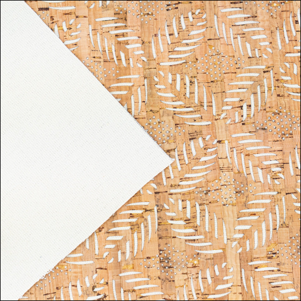 Natural Cork Fabric with White Geometric Cut-Out Pattern COF-663 cork fabric