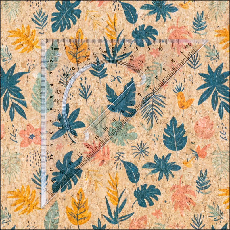 Natural Cork Fabric with Yellow and Green Blu Leaves Pattern COF-809 1/2M (138*50 cm / 54*19 inches) cork fabric