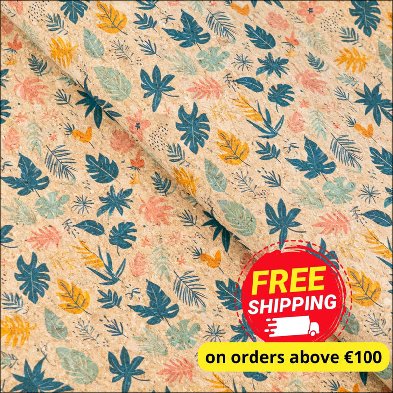 Natural Cork Fabric with Yellow and Green Blu Leaves Pattern COF-809 1/2M (138*50 cm / 54*19 inches) cork fabric