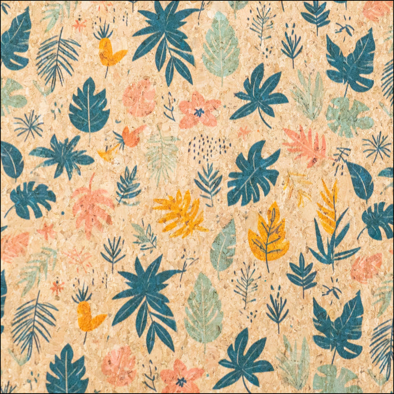 Natural Cork Fabric with Yellow and Green Blu Leaves Pattern COF-809 1/2M (138*50 cm / 54*19 inches) cork fabric