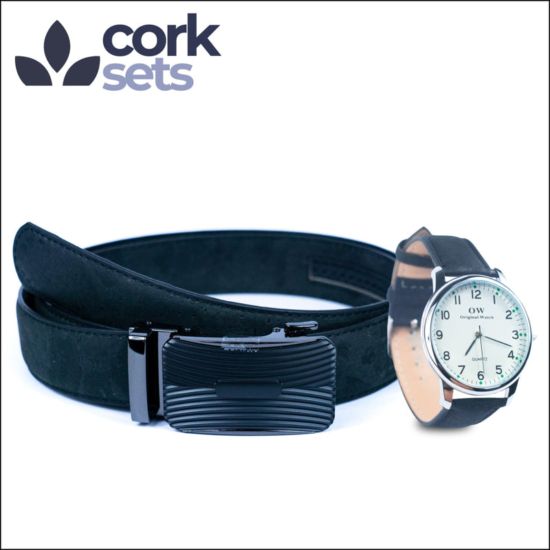 Natural Cork Set of Belt and Watch SET-023 Black - Belt Size 100cm (39 inches) Flash Sales