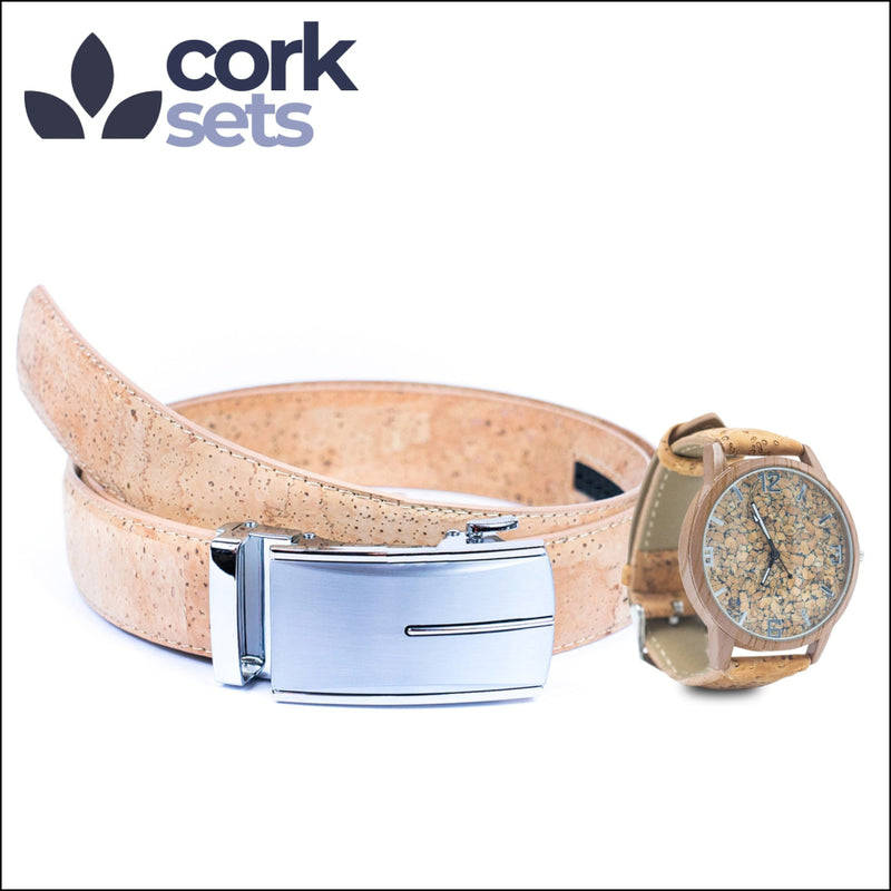 Natural Cork Set of Belt and Watch SET-023 Natural - Belt Size 100cm (39 inches) Flash Sales