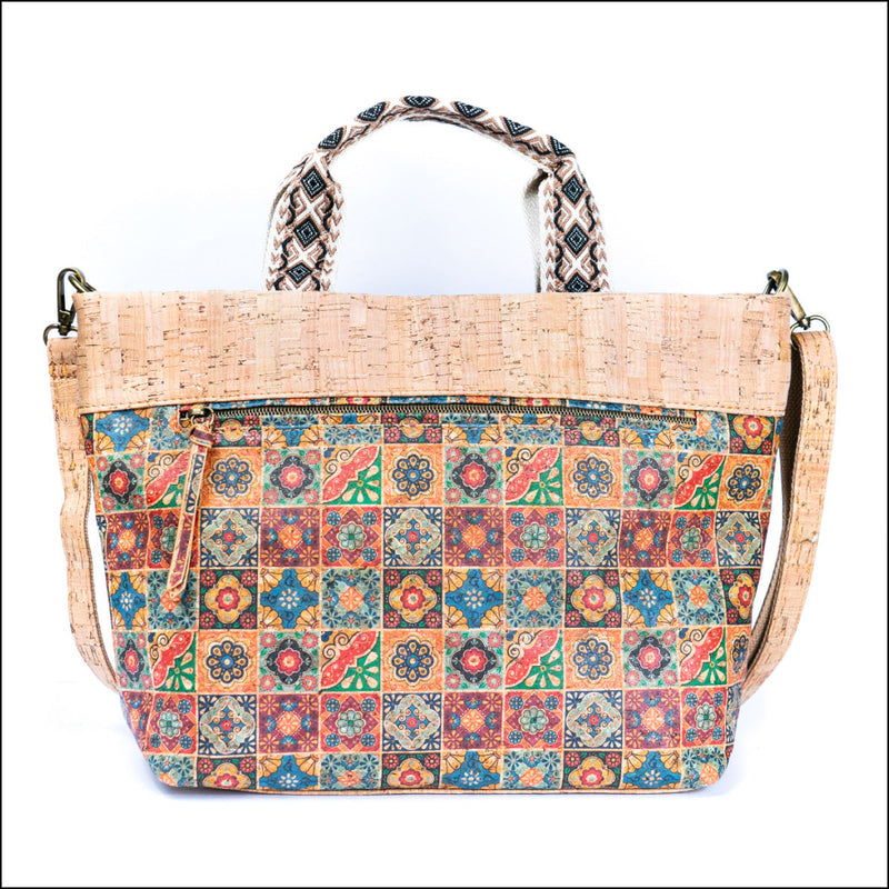 Natural Cork Tote with Printed Design and Cotton Woven Handles BAGF-087 A Flash Sales