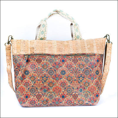 Natural Cork Tote with Printed Design and Cotton Woven Handles BAGF-087 B Flash Sales