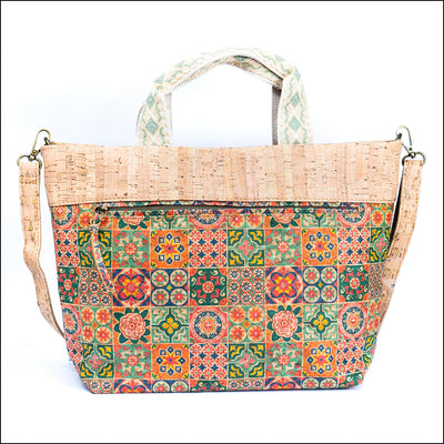 Natural Cork Tote with Printed Design and Cotton Woven Handles BAGF-087 C Flash Sales