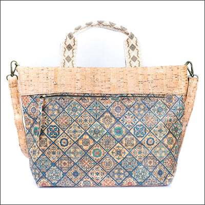 Natural Cork Tote with Printed Design and Cotton Woven Handles BAGF-087 D Flash Sales