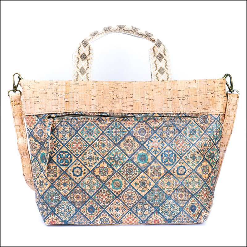 Natural Cork Tote with Printed Design and Cotton Woven Handles BAGF-087 D Flash Sales