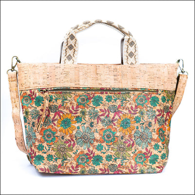 Natural Cork Tote with Printed Design and Cotton Woven Handles BAGF-087 E Flash Sales