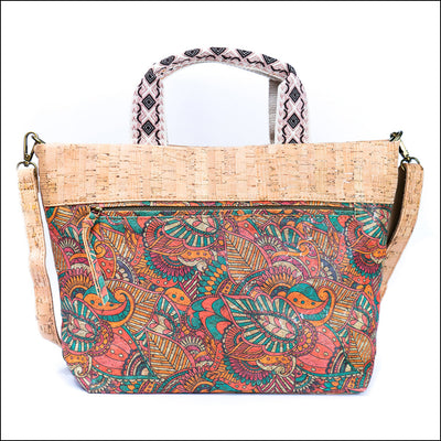 Natural Cork Tote with Printed Design and Cotton Woven Handles BAGF-087 F Flash Sales