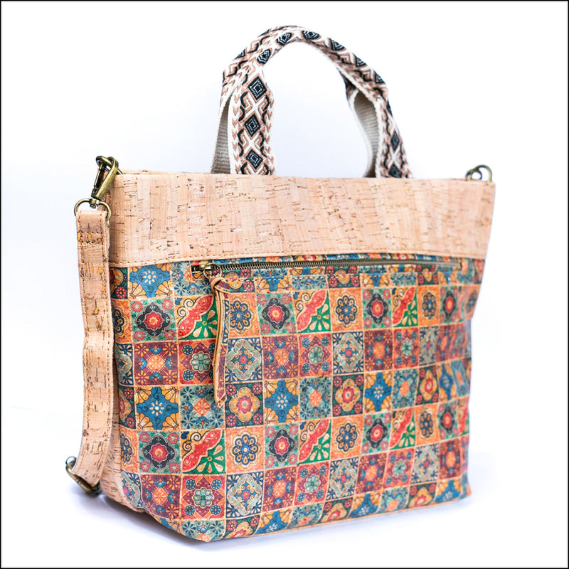 Natural Cork Tote with Printed Design and Cotton Woven Handles BAGF-087 Flash Sales