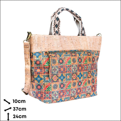 Natural Cork Tote with Printed Design and Cotton Woven Handles BAGF-087 Flash Sales