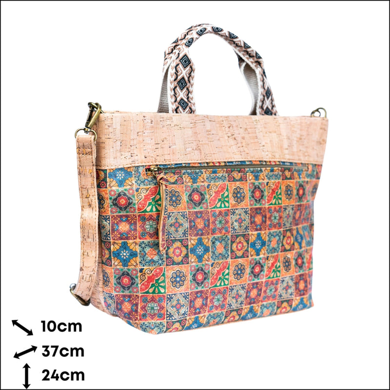 Natural Cork Tote with Printed Design and Cotton Woven Handles BAGF-087 Flash Sales