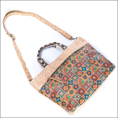 Natural Cork Tote with Printed Design and Cotton Woven Handles BAGF-087 Flash Sales