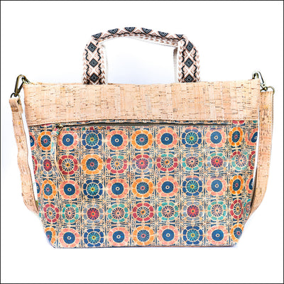 Natural Cork Tote with Printed Design and Cotton Woven Handles BAGF-087 H Flash Sales