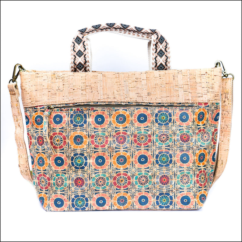 Natural Cork Tote with Printed Design and Cotton Woven Handles BAGF-087 H Flash Sales