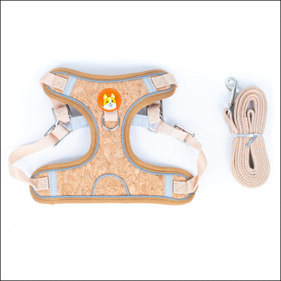 Natural Dog Harness & Leash and Stainless Steel Double Bowl Pet Food Dish Set SET-017 Flash Sales