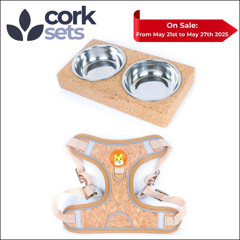 Natural Dog Harness & Leash and Stainless Steel Double Bowl Pet Food Dish Set SET-017 Flash Sales