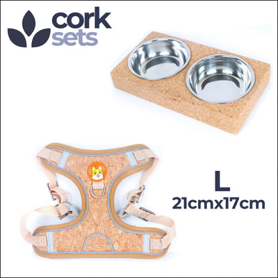 Natural Dog Harness & Leash and Stainless Steel Double Bowl Pet Food Dish Set SET-017 Large Size Flash Sales