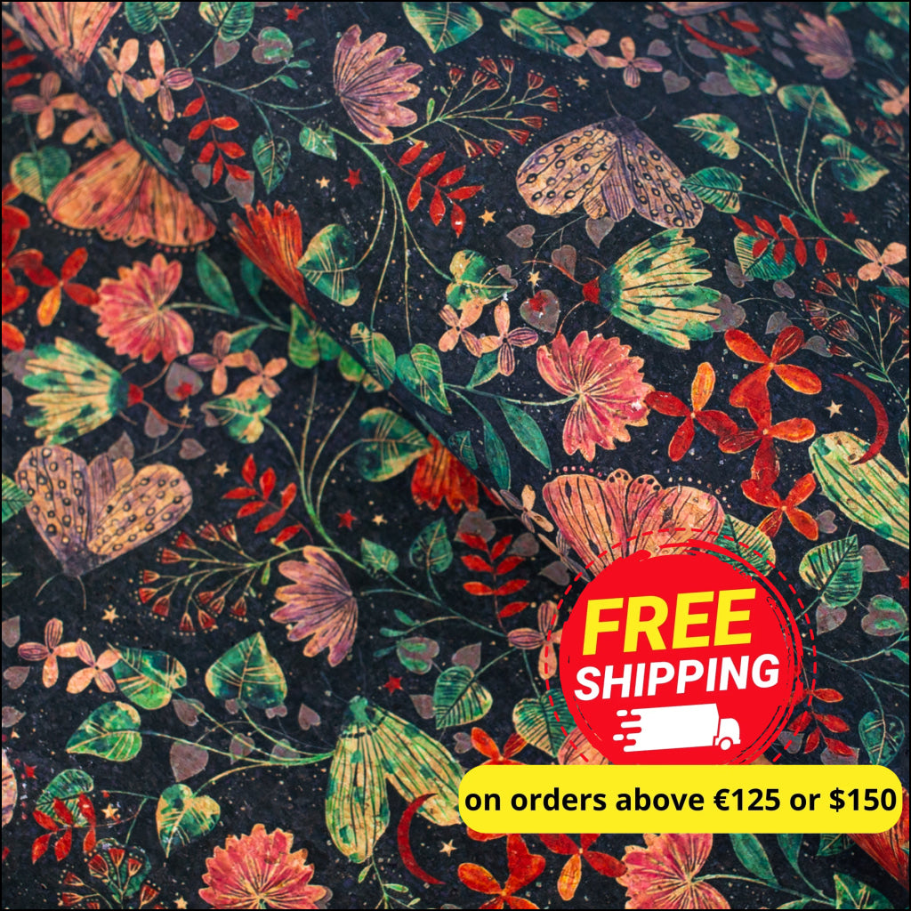 Naturally Cork Fabric With Butterfly And Floral Patterns On Black Background Cof-313-A Cork Fabric