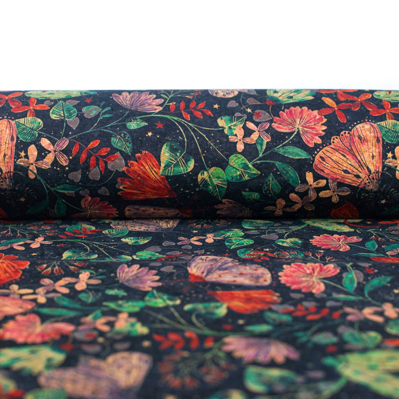 Naturally Cork Fabric With Butterfly And Floral Patterns On Black Background Cof-313-A Cork Fabric